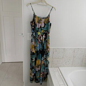 Daniel Rainn Tropical Floral maxi dress Size SP Teal Black Pink Gold New